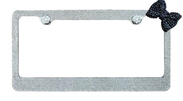 Clear Crystal Chrome Metal License Plate Frame With Black Corner Bow