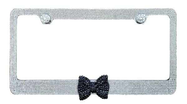 Clear Crystal Chrome Metal License Plate Frame With Black Middle Bow