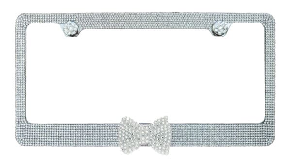 Clear Crystal Chrome Metal License Plate Frame With Clear Middle Bow