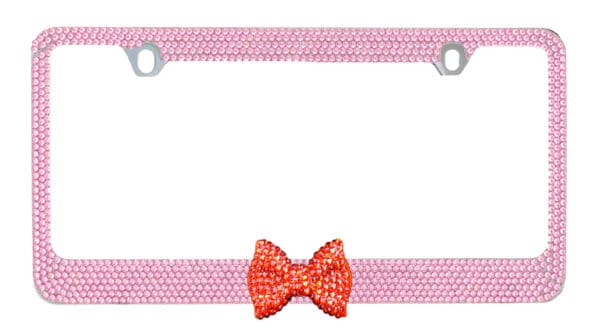 Pink Crystal Chrome Metal License Plate Frame With Red Middle Bow