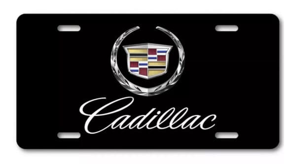 Cadillac Script and Crest Emblem UV Painted Emblem Black Aluminum License Plate