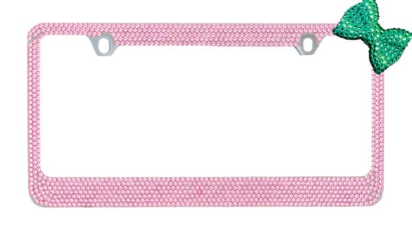 Pink Crystal Chrome Metal License Plate Frame With Green Corner Bow